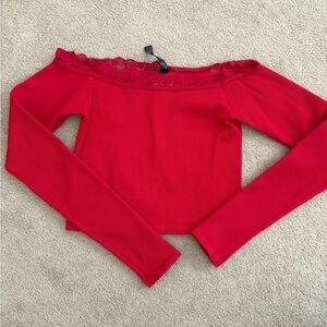 Urban Outfitters Red Lace Trim off the shoulder Long Sleeve